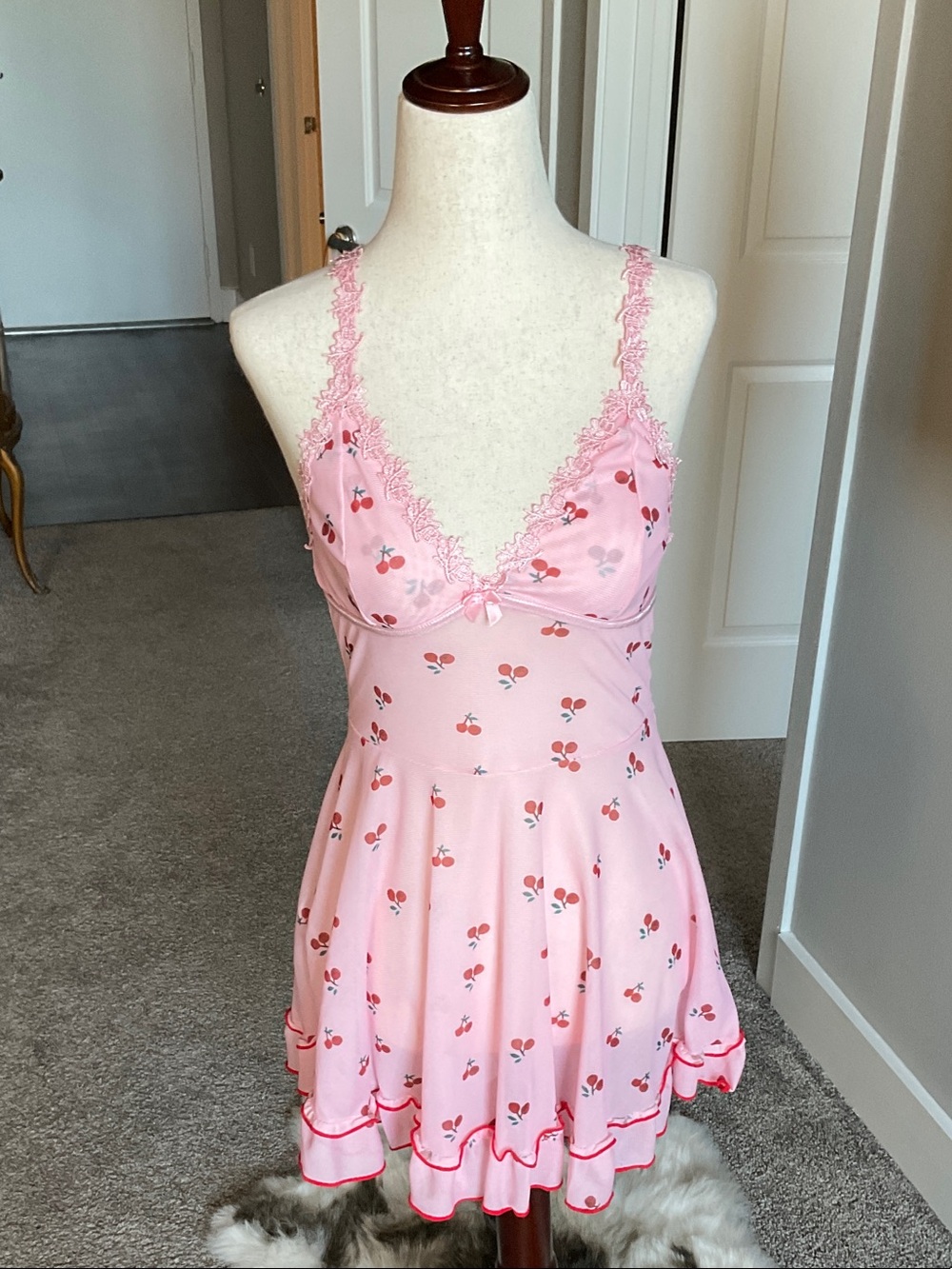 Pink Cherry-Print Lace-Trim Chemise